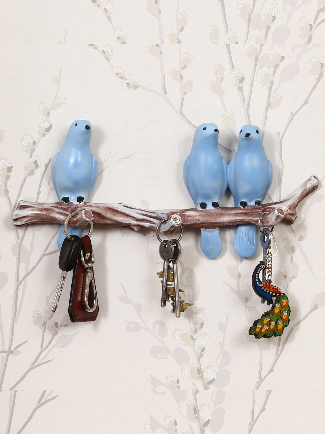 eCraftIndia 3 Blue Birds Sitting on Tree Branch Decorative Key Holder