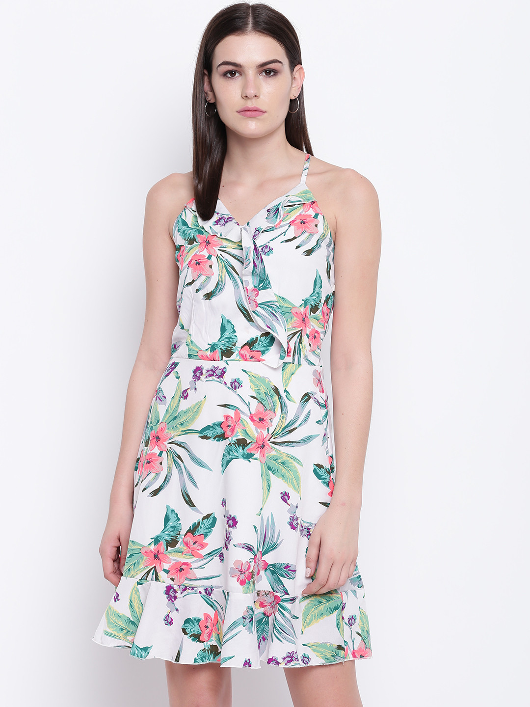 DODO & MOA Women White & Green Floral Printed Wrap Dress