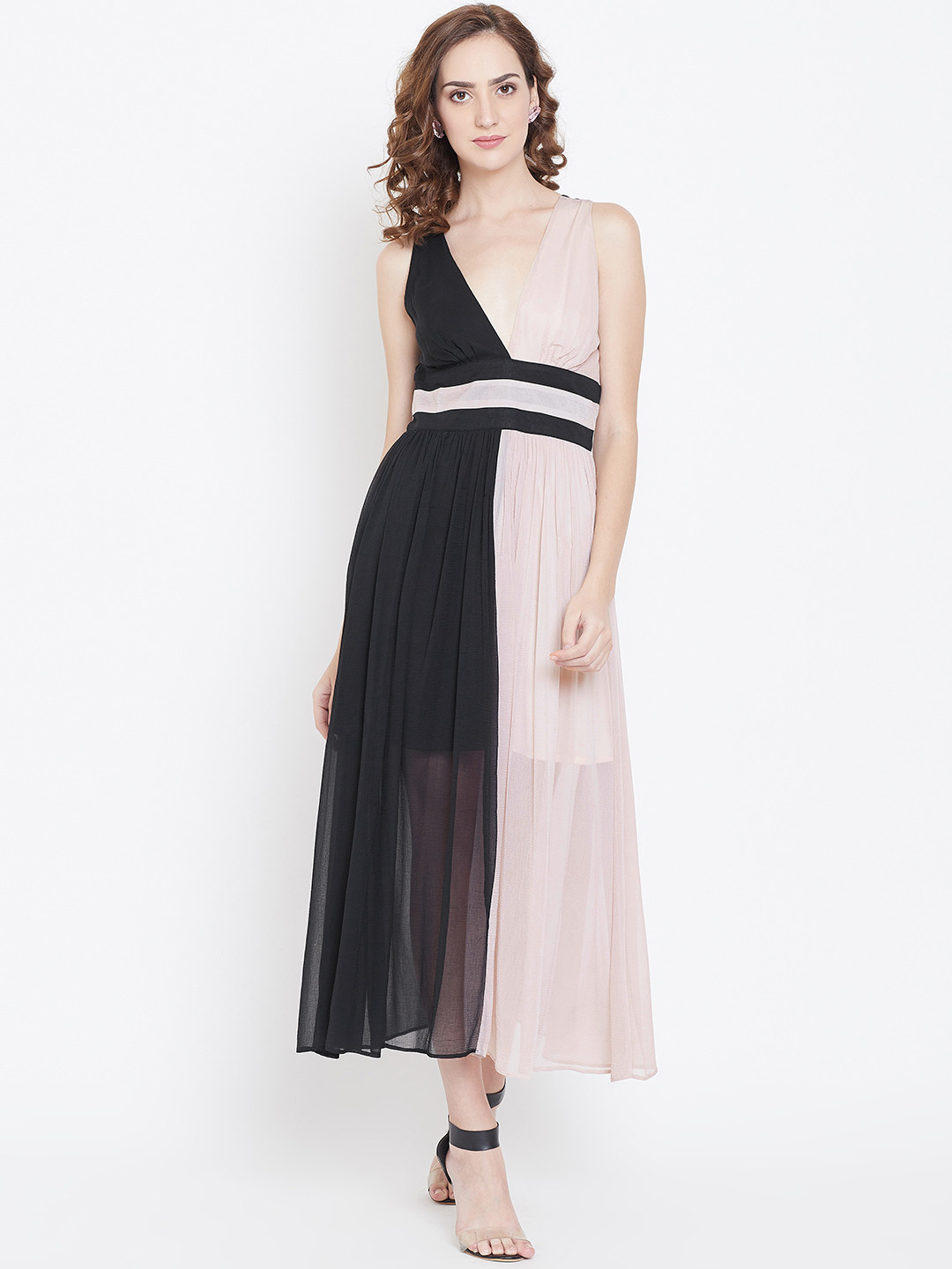 DODO & MOA Women Black & Dusty Pink Colourblocked Semi-Sheer Maxi Dress