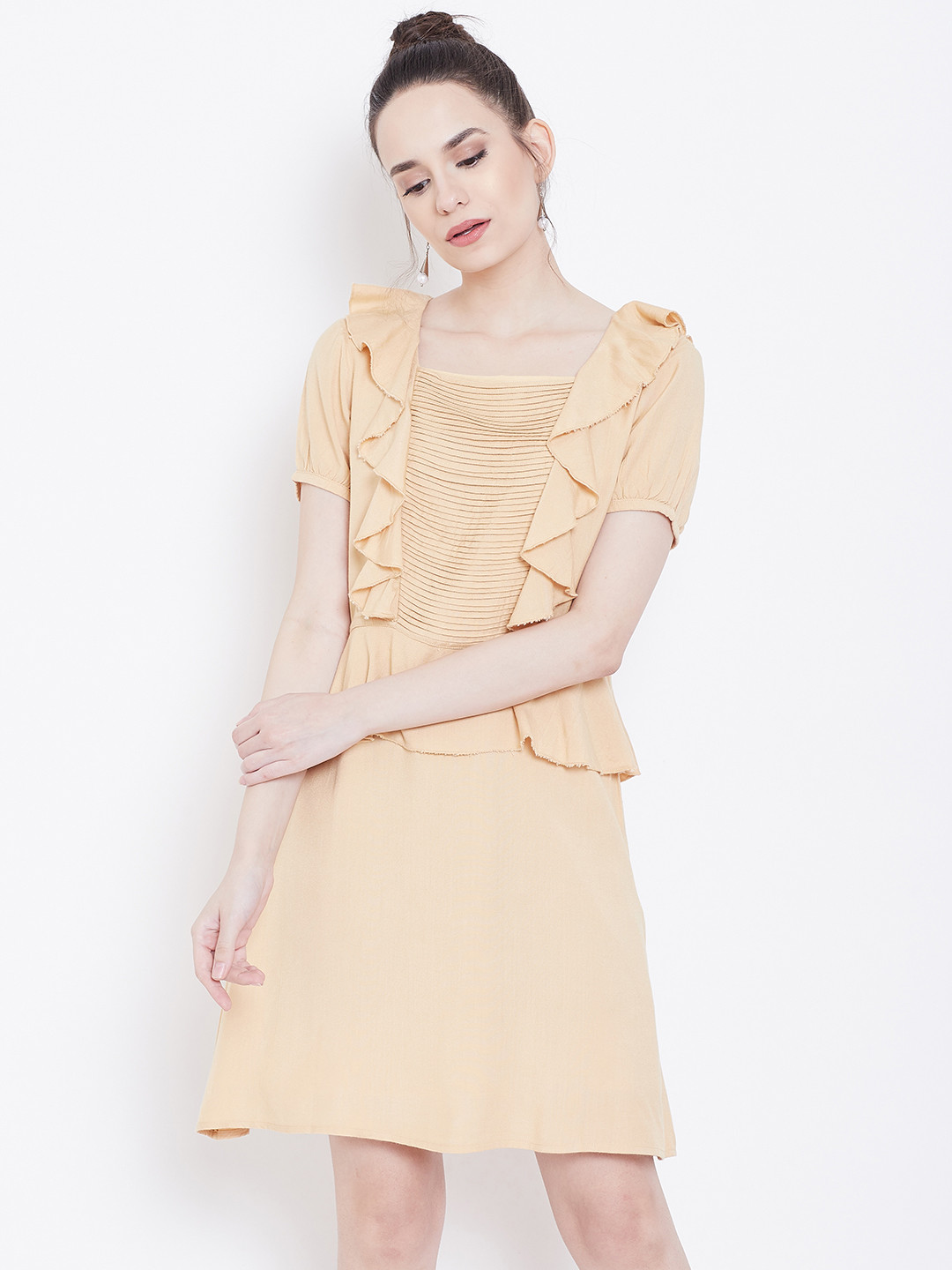 DODO & MOA Women Beige Solid Ruffled A-Line Dress