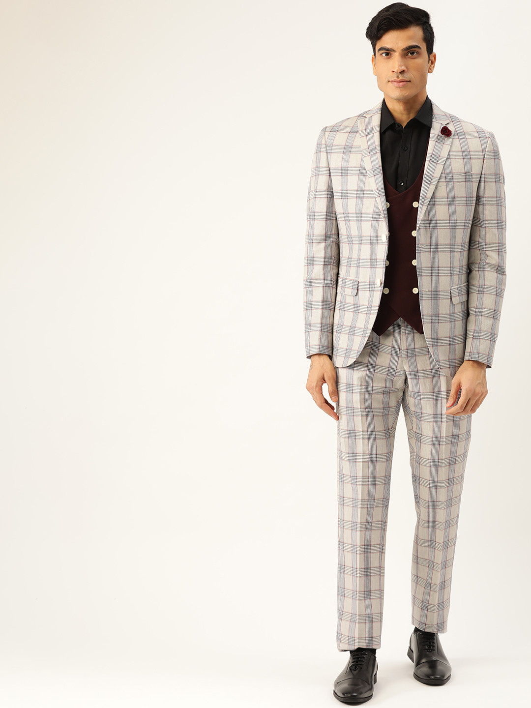 Blackberrys Men Grey & Navy Blue Checked Slim Fit Single-Breasted Partywear 3-Piece Suit