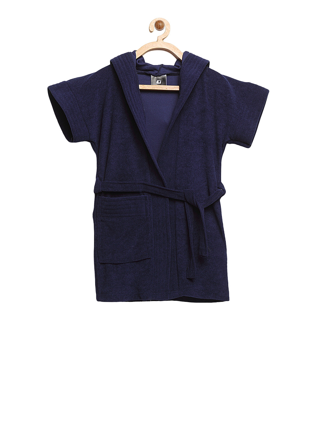 ELEVANTO Navy Blue Solid Terrycloth Drawstring Knee Length Bath Robe-S