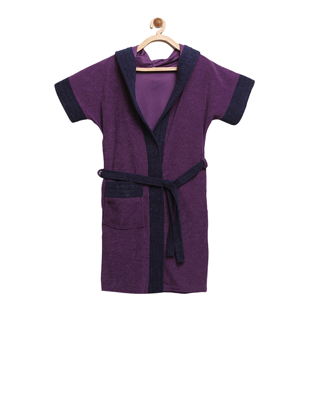 ELEVANTO Purple Solid Terrycloth Drawstring Knee Length Bath Robe-S