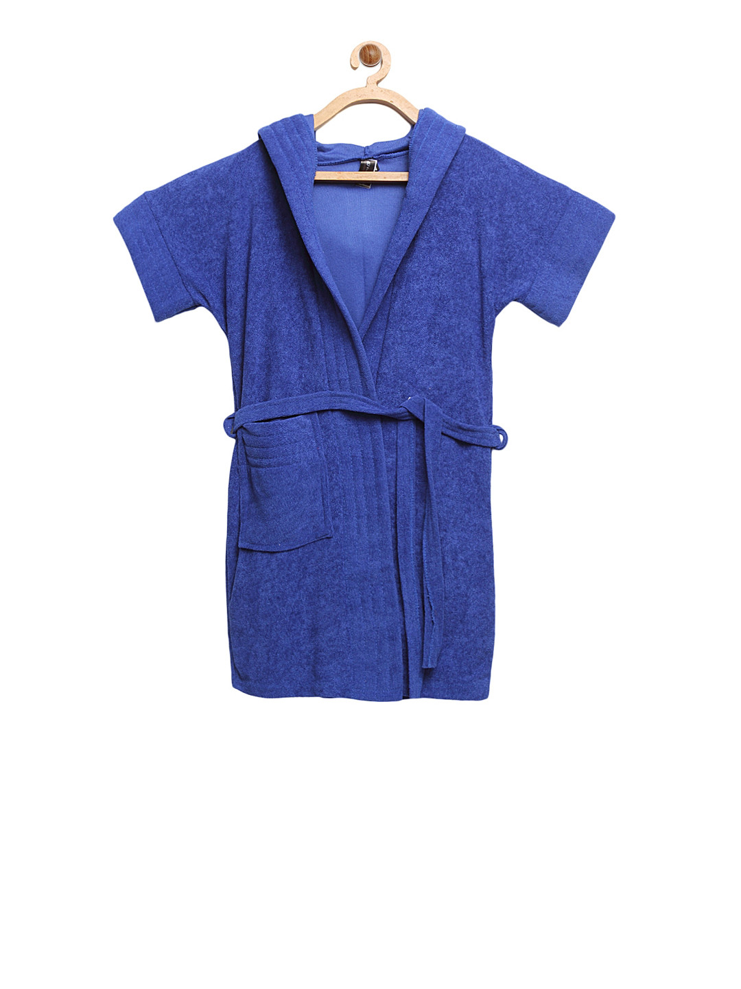 ELEVANTO Blue Solid Terrycloth Drawstring Knee Length Bath Robe-S