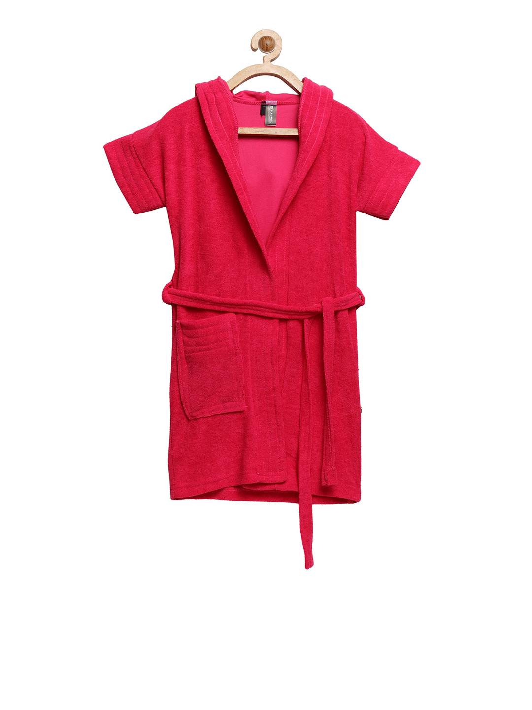 ELEVANTO Red Solid Terrycloth Drawstring Knee Length Bath Robe-S