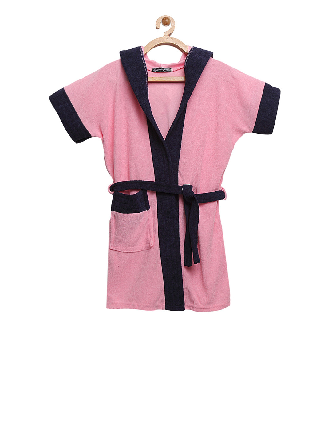 ELEVANTO Pink Solid Terrycloth Drawstring Knee Length Bath Robe-S