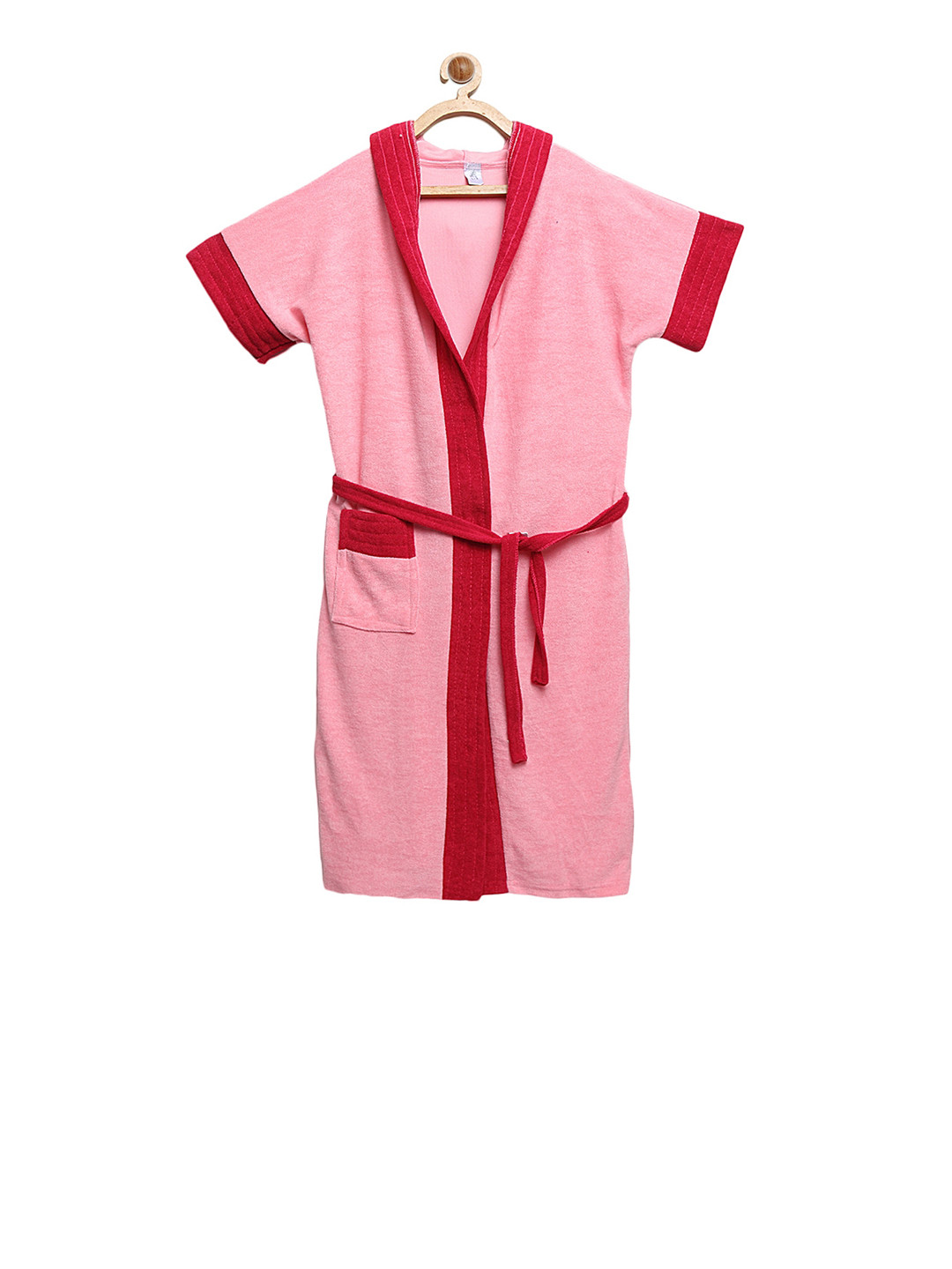 ELEVANTO Pink Solid Terrycloth Drawstring Knee Length Bath Robe-S