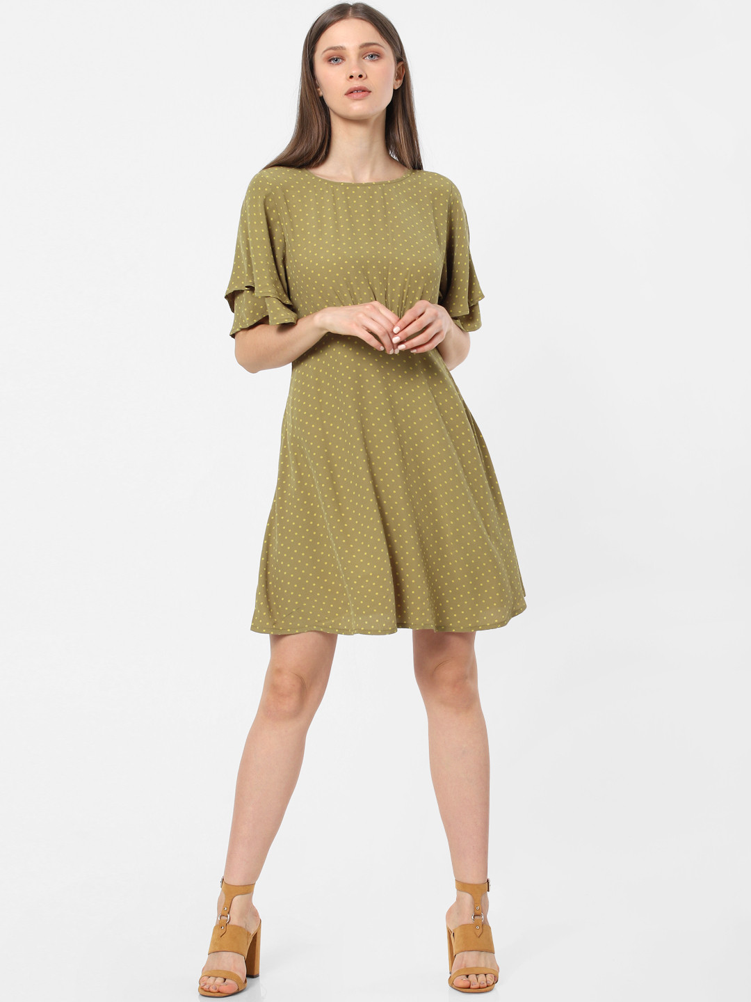 ONLY Women Olive Green & Yellow Printed Styled Back A-Line Dress