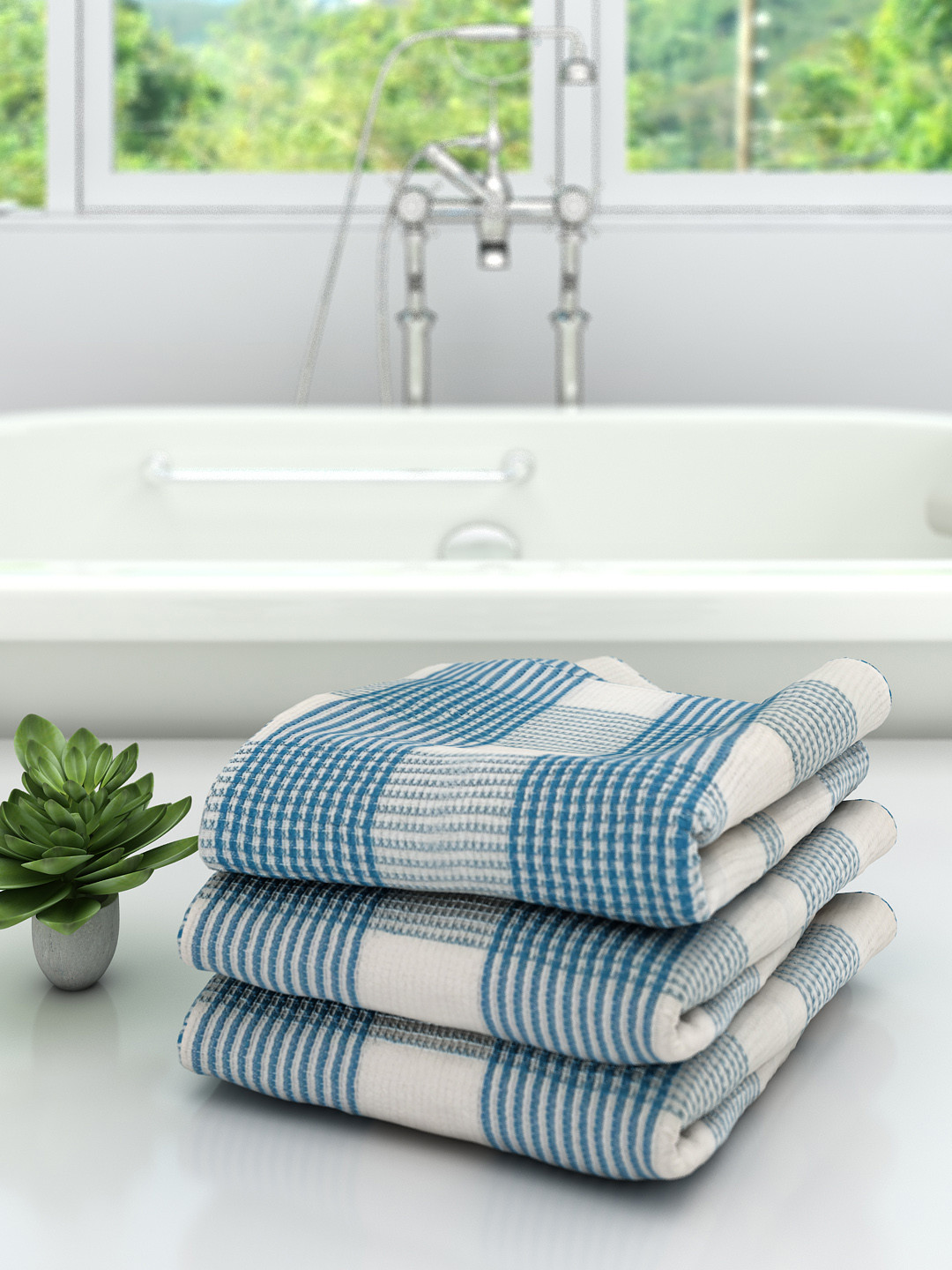 Athom Trendz Unisex Set Of 3 White & Blue Checked 210 GSM Premium Bath Towels