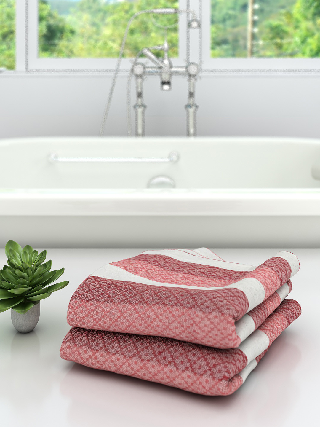 Athom Trendz Unisex Set Of 2 Pink & White Striped Premium Bath Towels