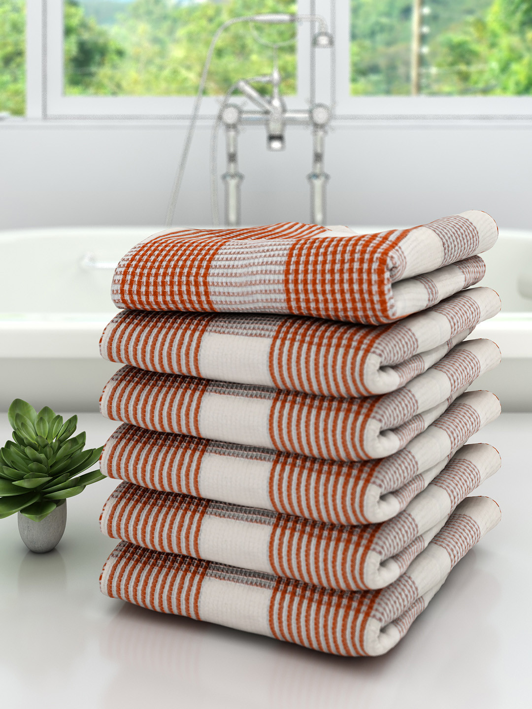 Athom Trendz Set of 6 Off-White & Red Checked 210 GSM Cotton Bath Towels