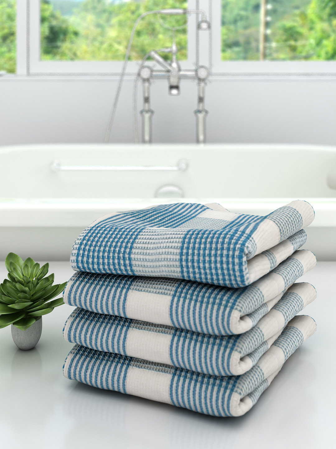 Athom Trendz Set of 4 Off-White & Blue Checked 210 GSM Premium Bath Towels