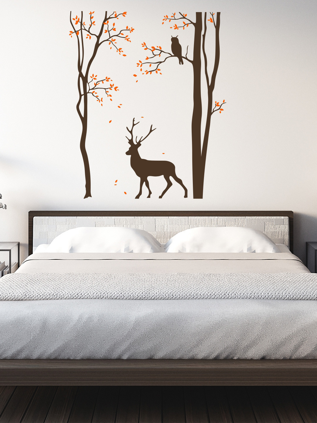 rawpockets Brown & Orange Deer Under Tree With Owl Jungle PVC Vinyl Wall Stickers