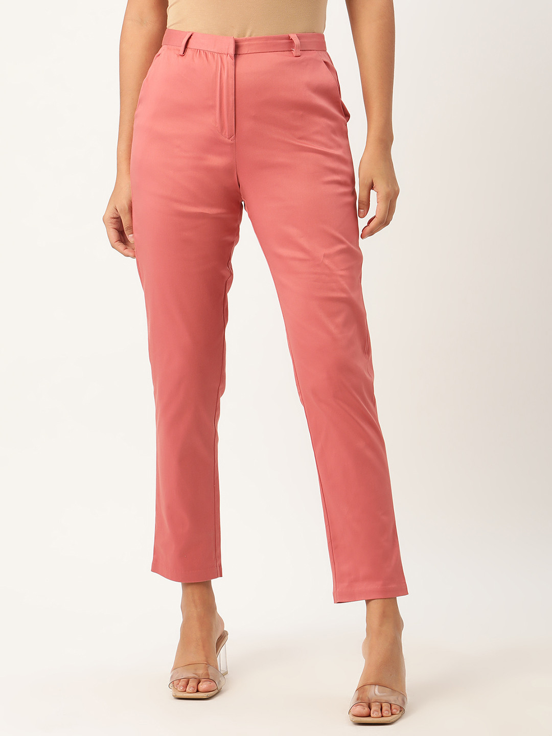ROOTED Women Pink Tapered Fit Solid Cigarette Trousers