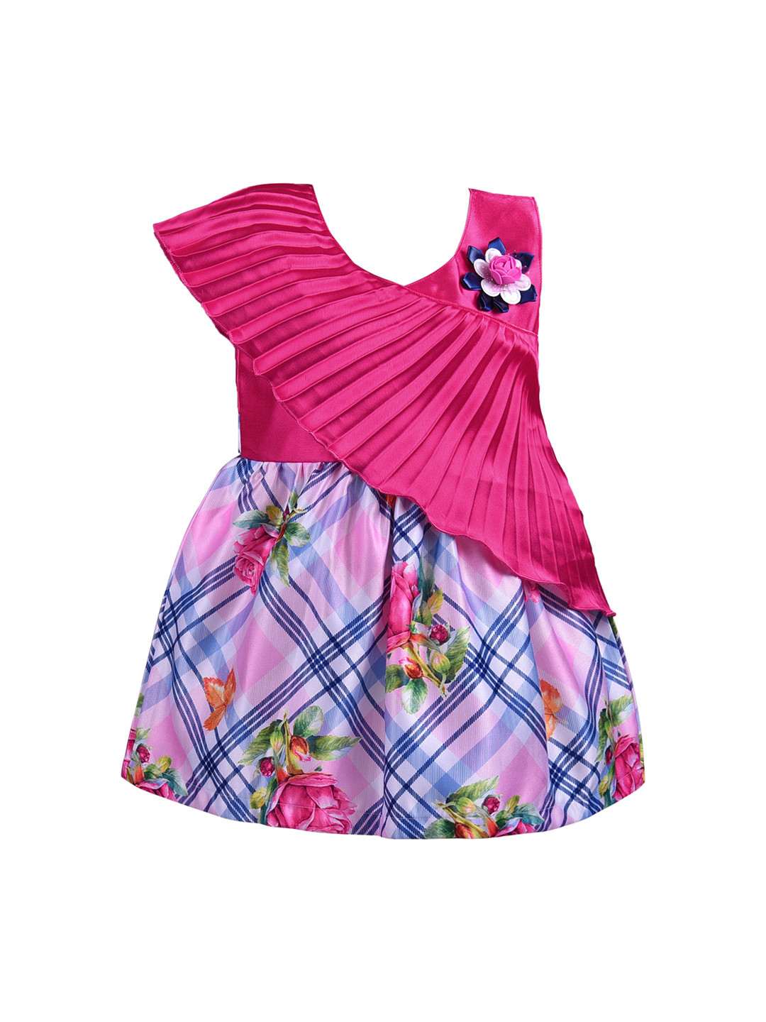 Wish Karo Girls Pink Printed Fit and Flare Dress with Pleated Detail