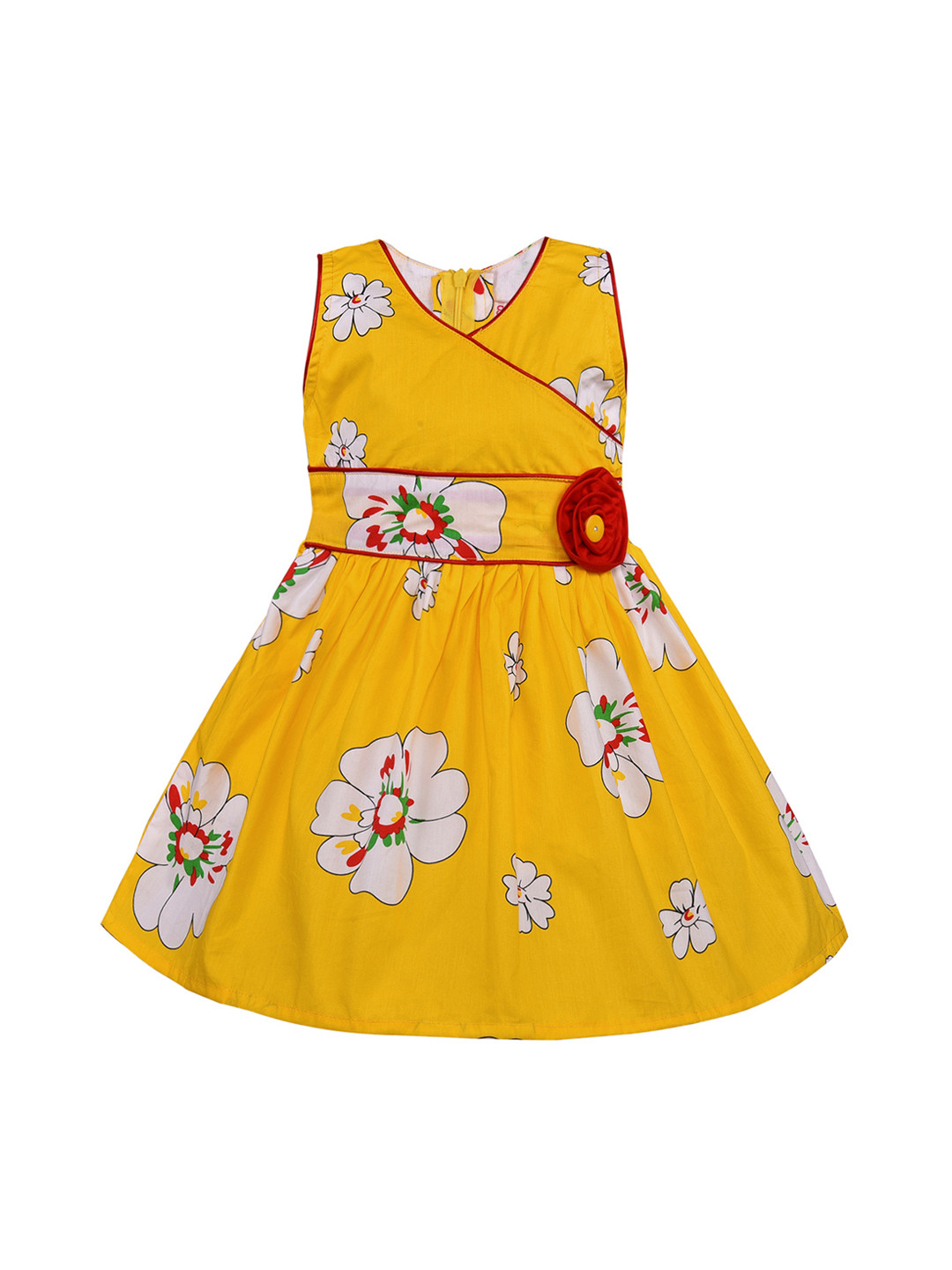 Wish Karo Girls Mustard Yellow & White Printed Fit and Flare Dress with Applique Detail