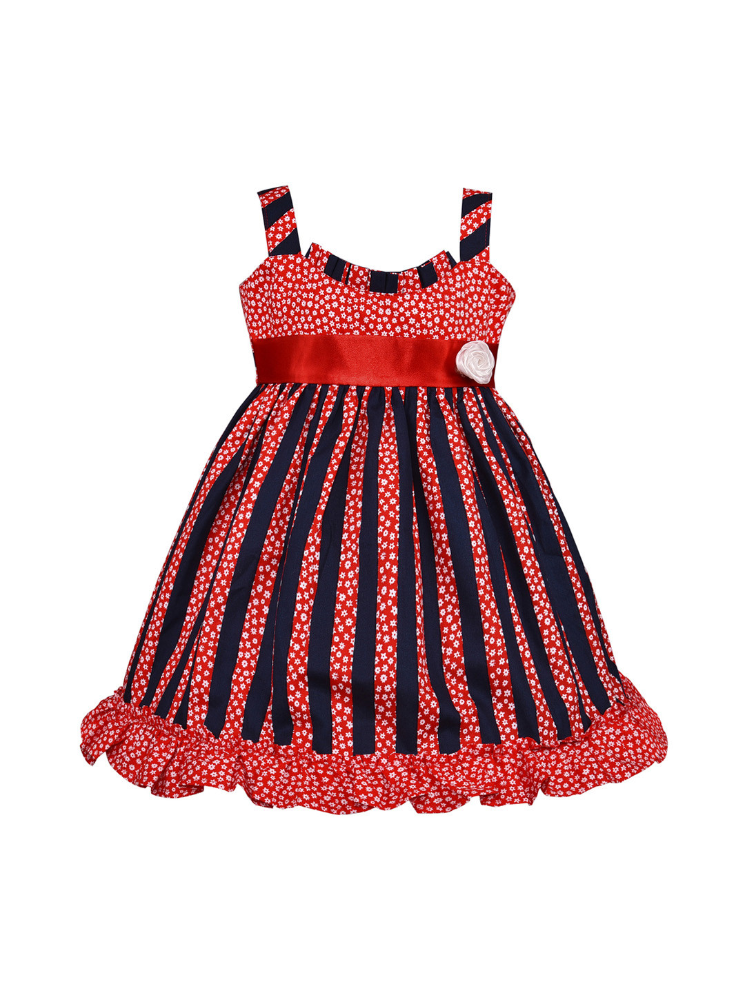 Wish Karo Girls Red & Navy Blue Floral Printed Fit and Flare Dress