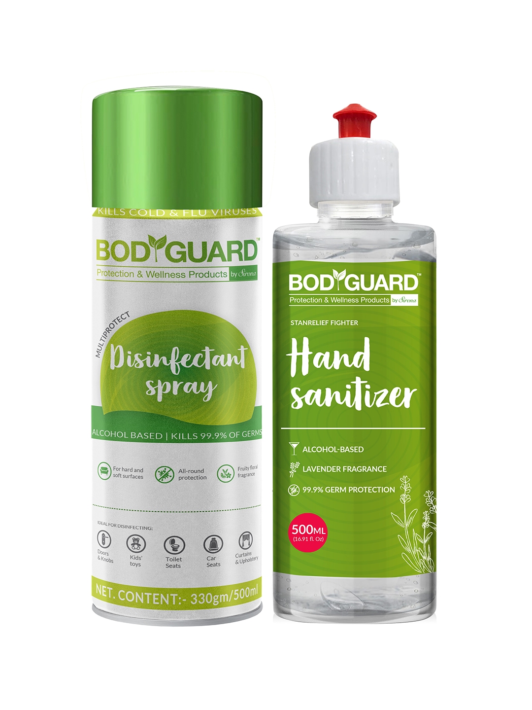 BOD GUARD Set of Alcohol Based Disinfectant Spray 500 ml, Hand Sanitizer 500 ml