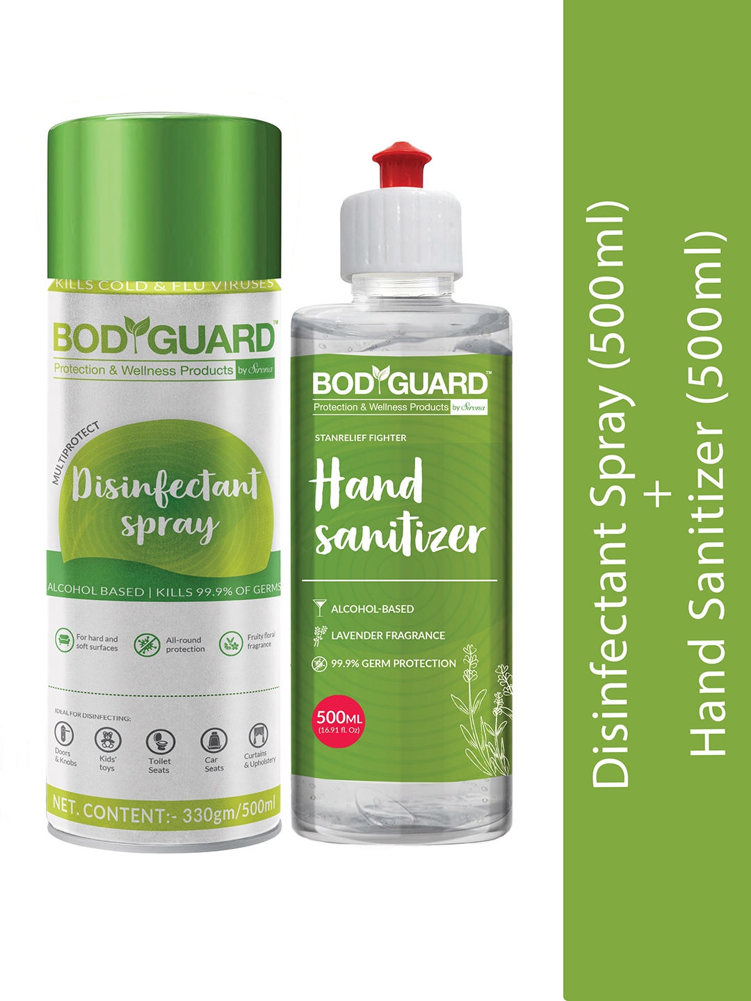 BOD GUARD Set of Alcohol Based Disinfectant Spray   500 ml, Hand Sanitizer   500 ml