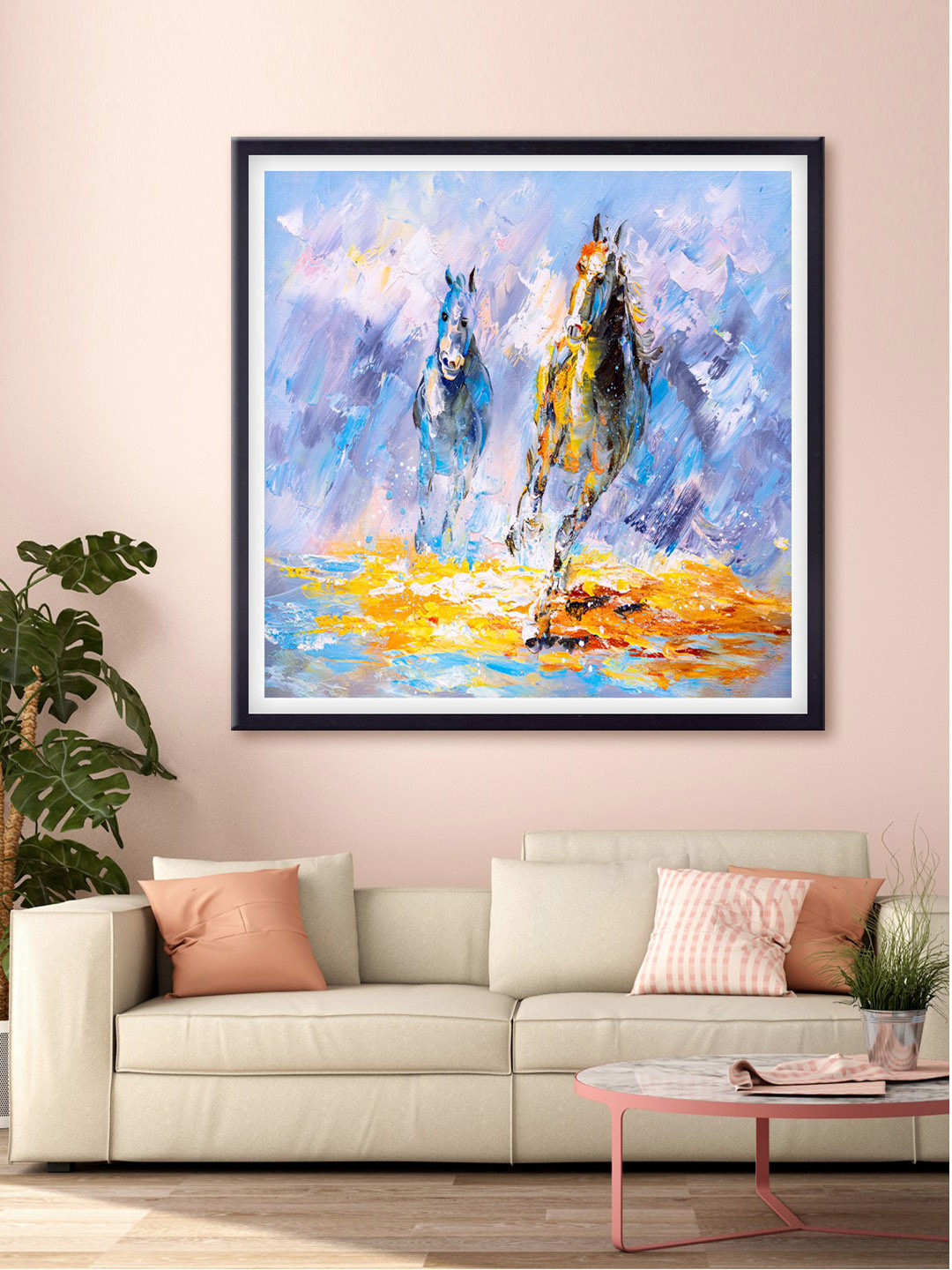 999Store Blue & Yellow Running Horses Printed Canvas Wall Art