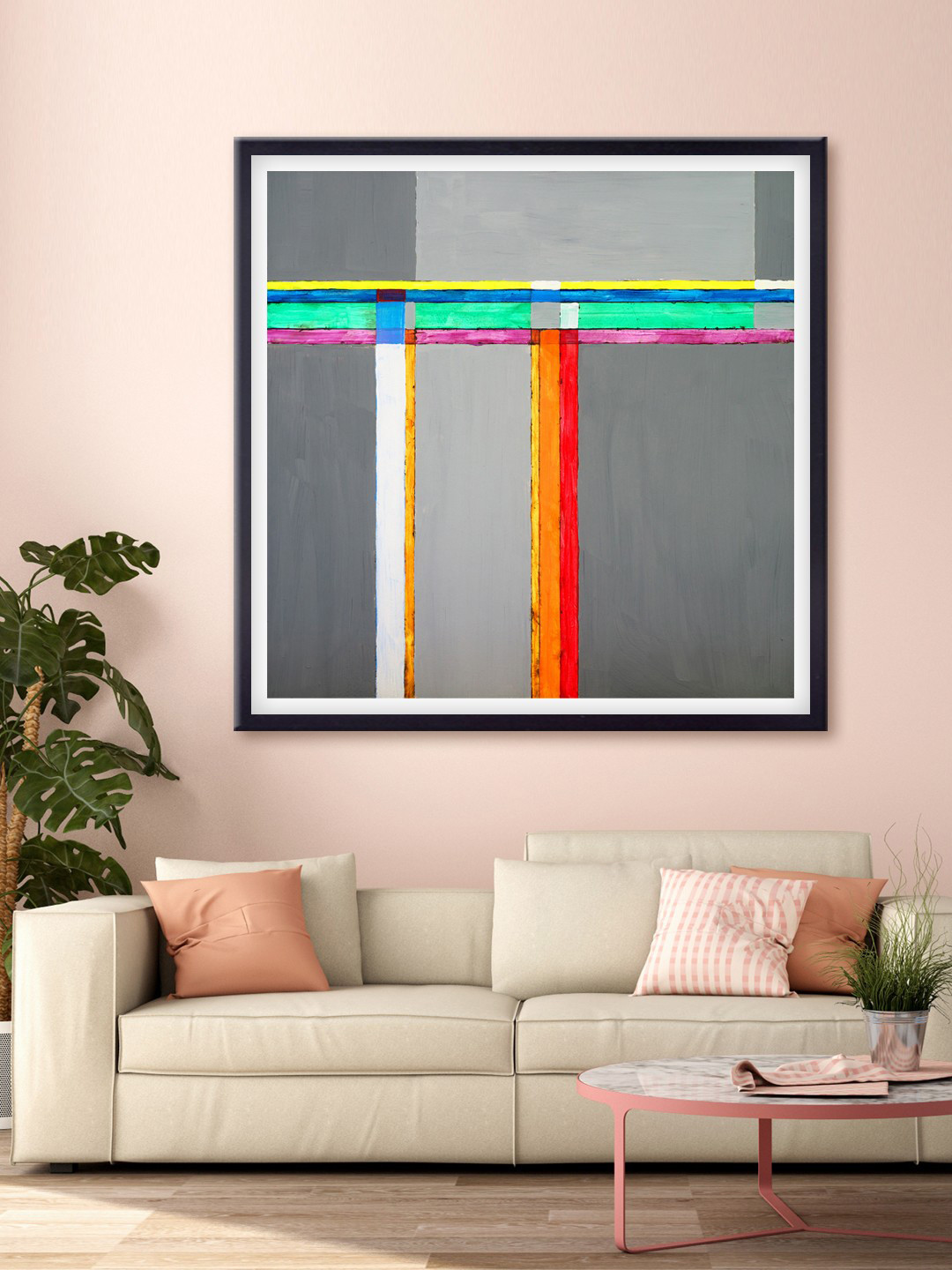 999Store Grey & Orange Strip Abstract Pattern Painted Canvas Wall Art