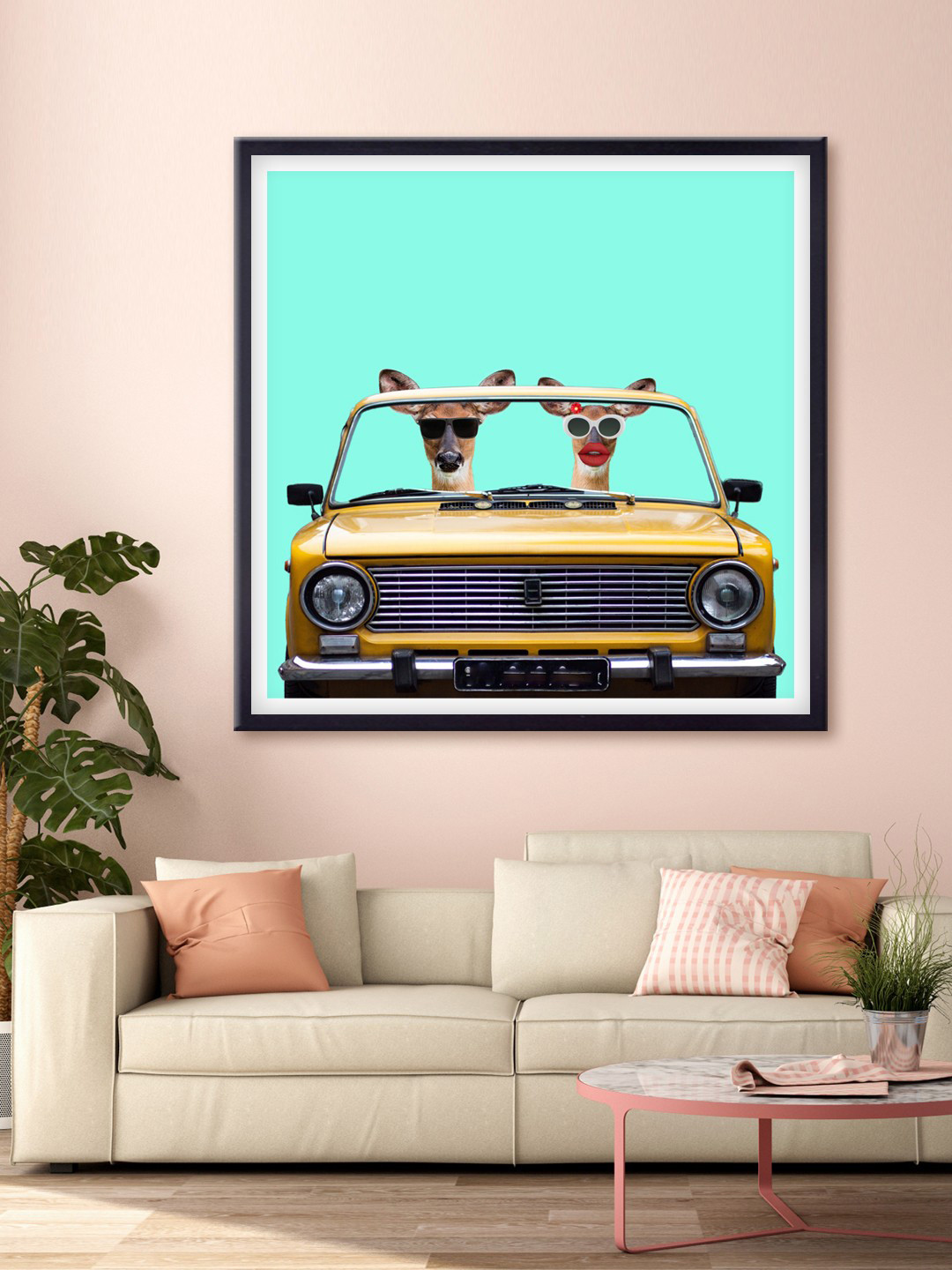 999Store Turquoise Blue & Yellow Cartoons And Car Printed Canvas Wall Art