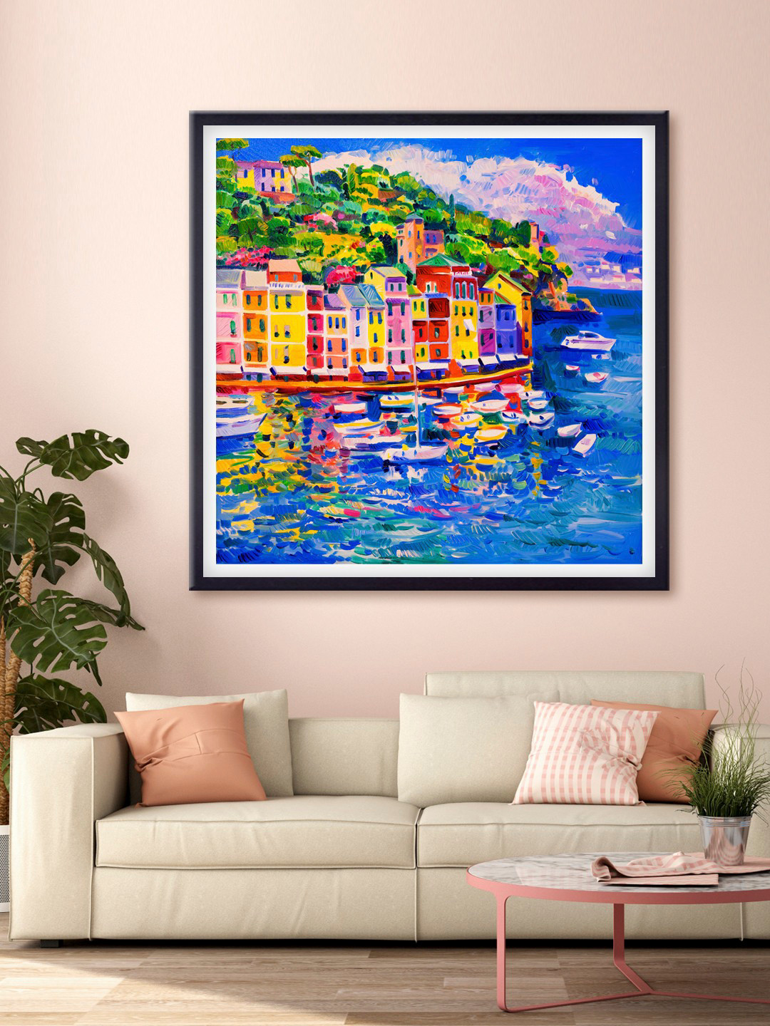 999Store Blue & Green City Beside The Ocean Printed Canvas Wall Art