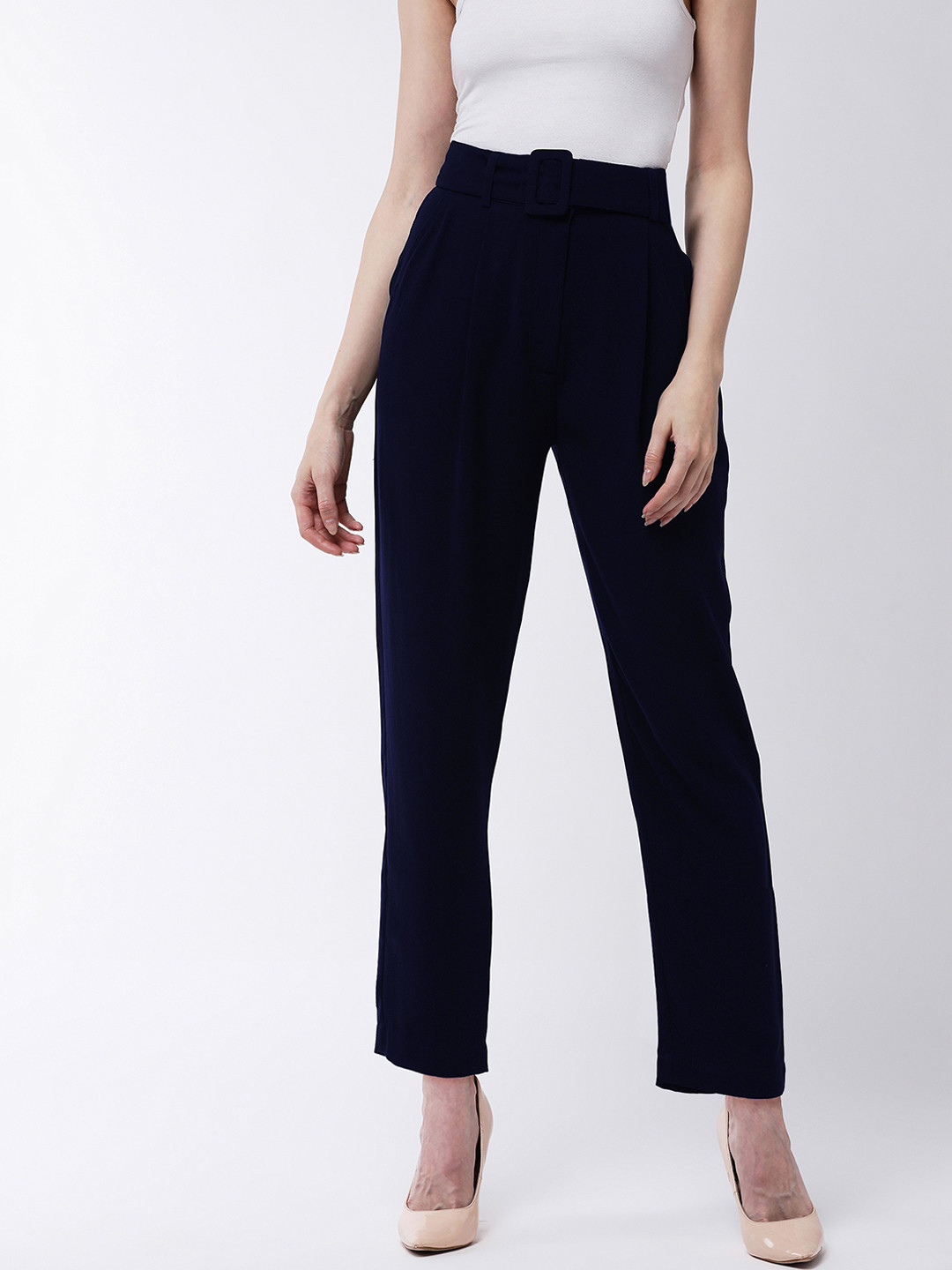 MAGRE Women Navy Blue Regular Fit Solid Cigarette Trousers