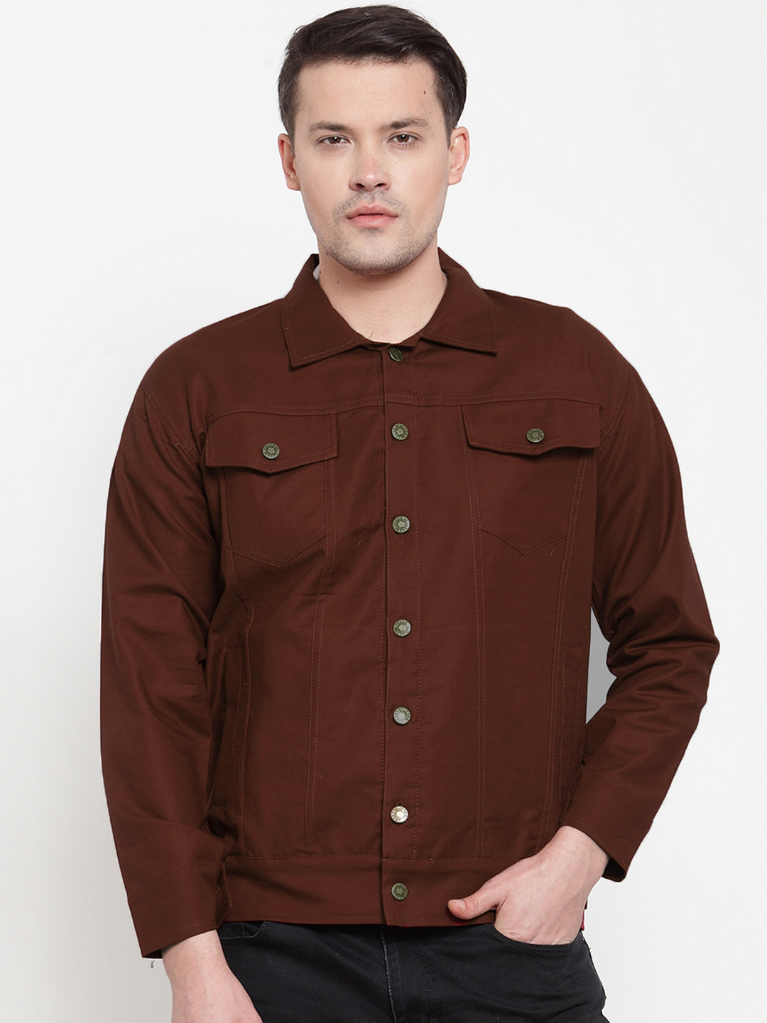 VOXATI Men Brown Solid Denim Jacket