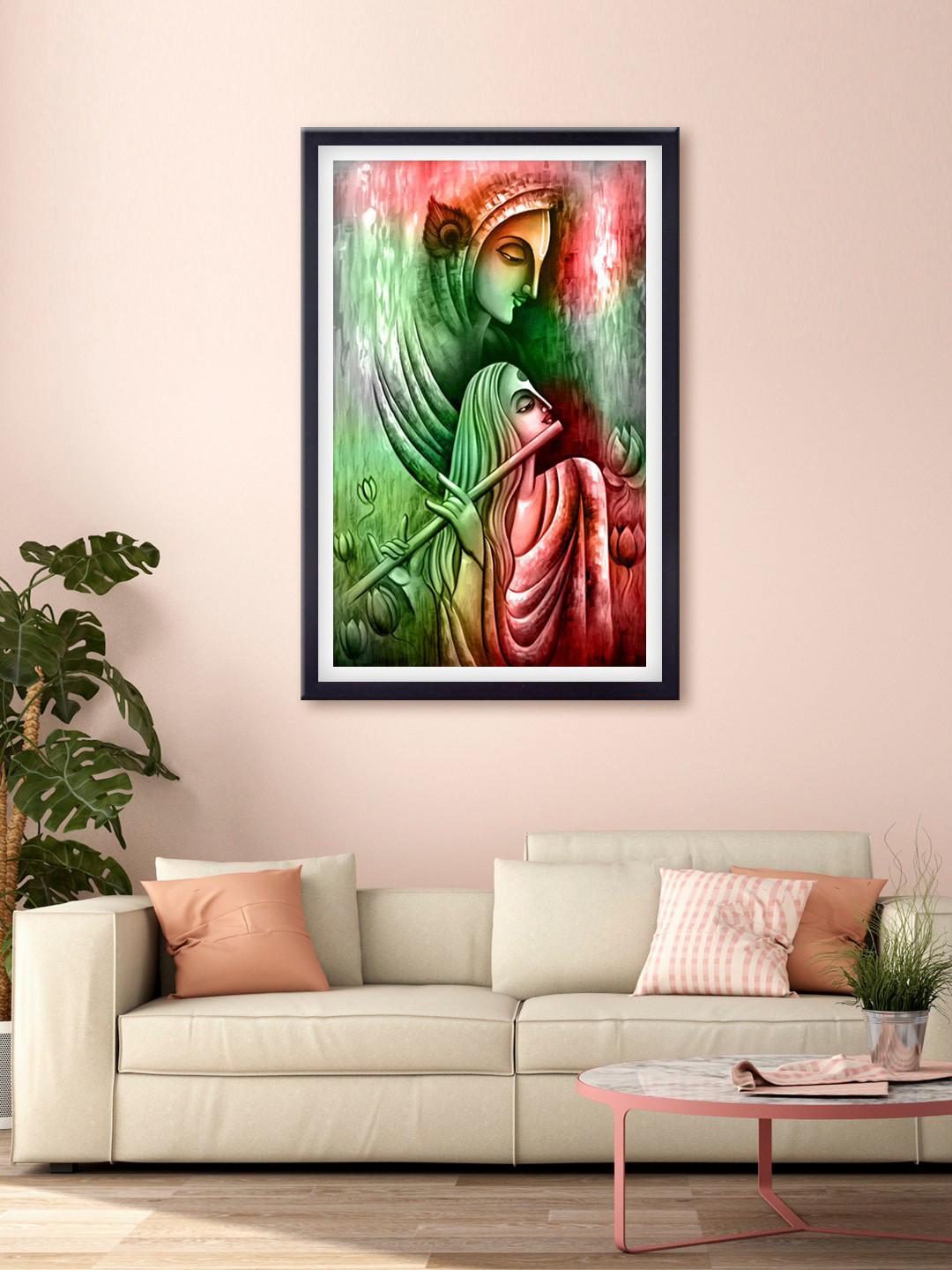 999Store Green & Red Radha Krishna Canvas Wall Art