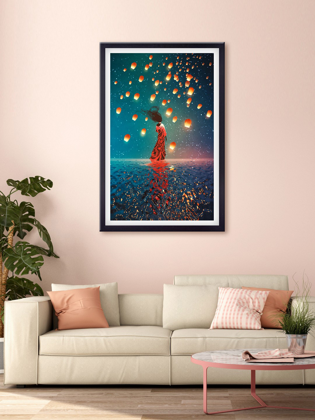 999Store Blue & Red Fire Sky Lanterns Printed Canvas Wall Art