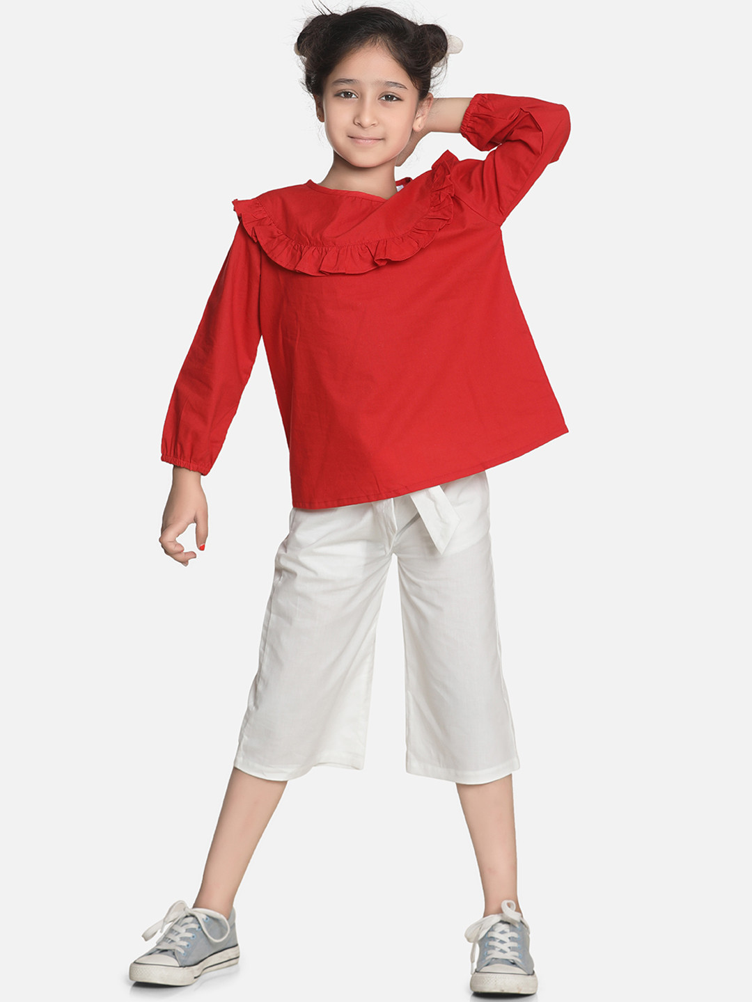 AWW HUNNIE Girls Red & White Solid Top with Capris