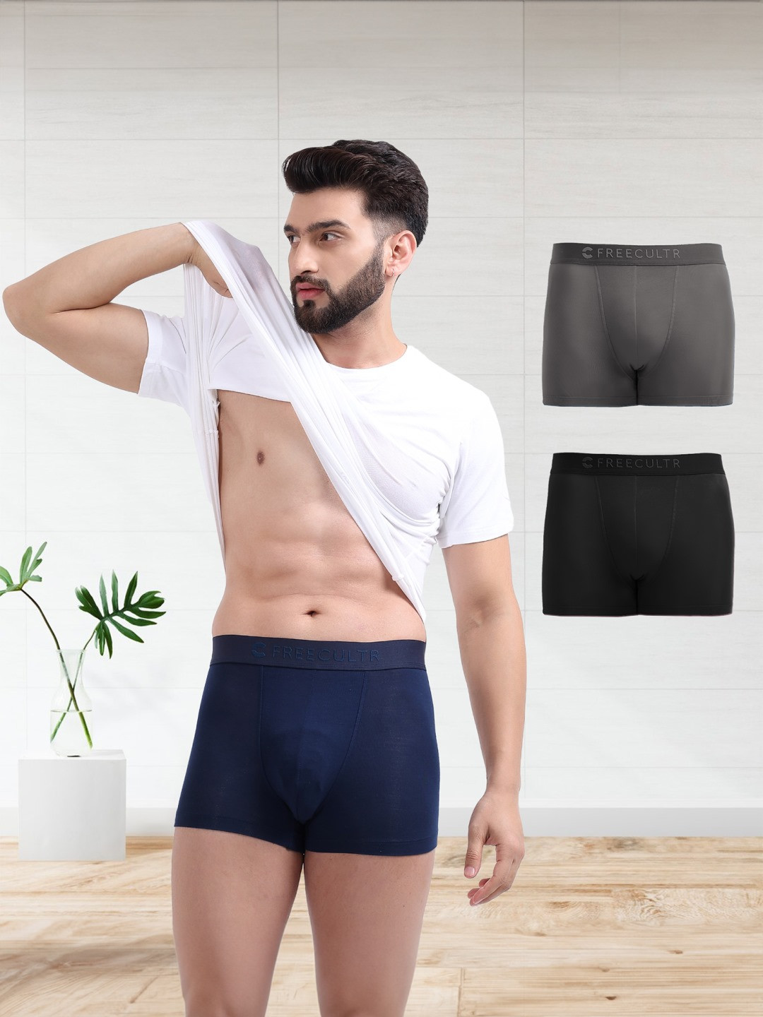 FREECULTR Men Pack Of 3 Solid Anti-Microbial Air-Soft Micromodal Trunks