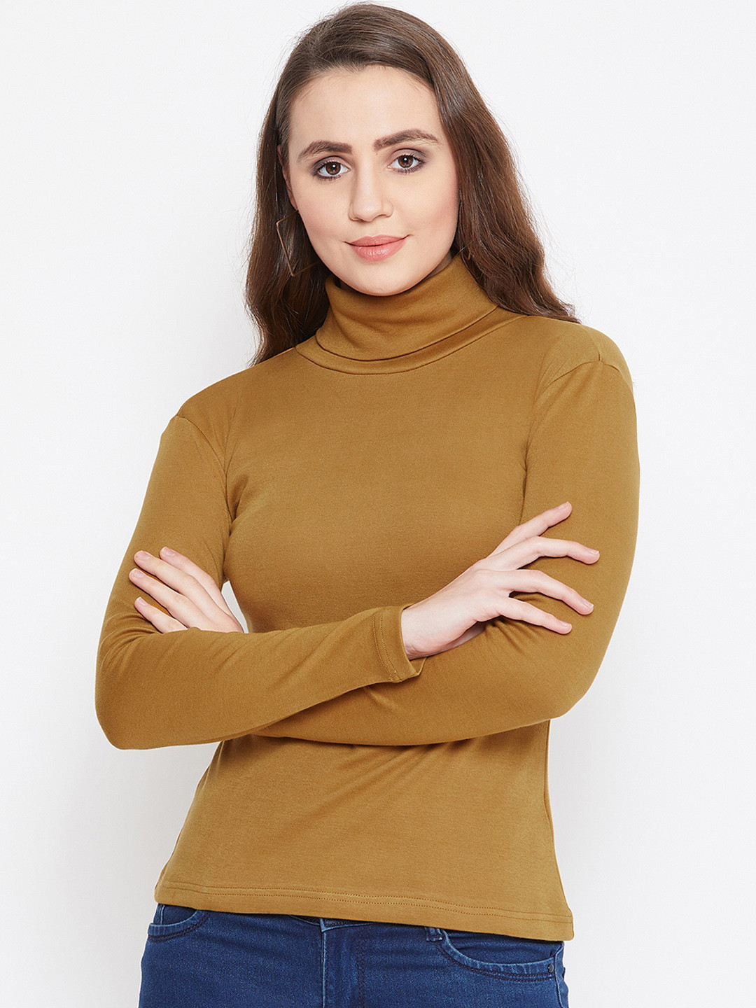 Hypernation Women Brown Solid Turtle Neck Pure Cotton T-shirt