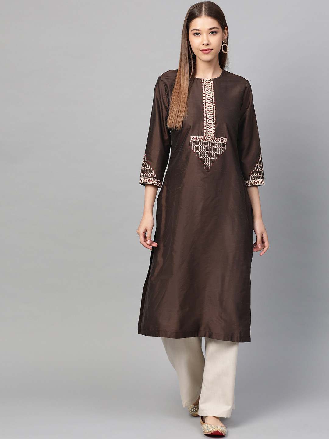 Laado - Pamper Yourself Women Coffee Brown Yoke Design Straight Kurta