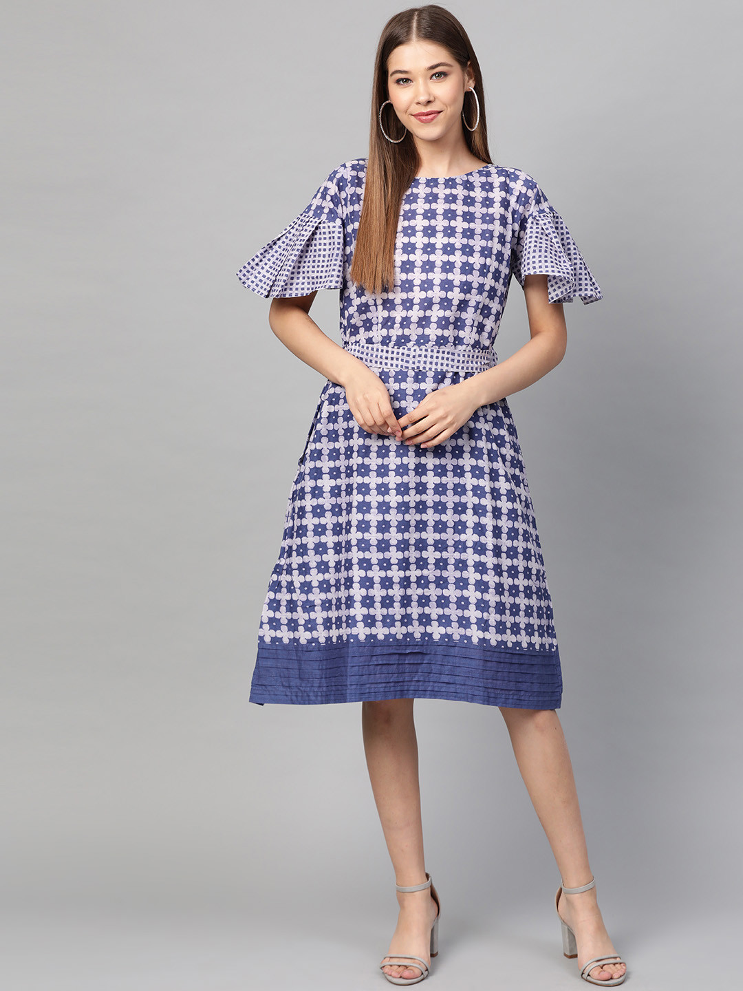 Laado - Pamper Yourself Women Blue & Off-White Printed Sustainable A-Line Dress