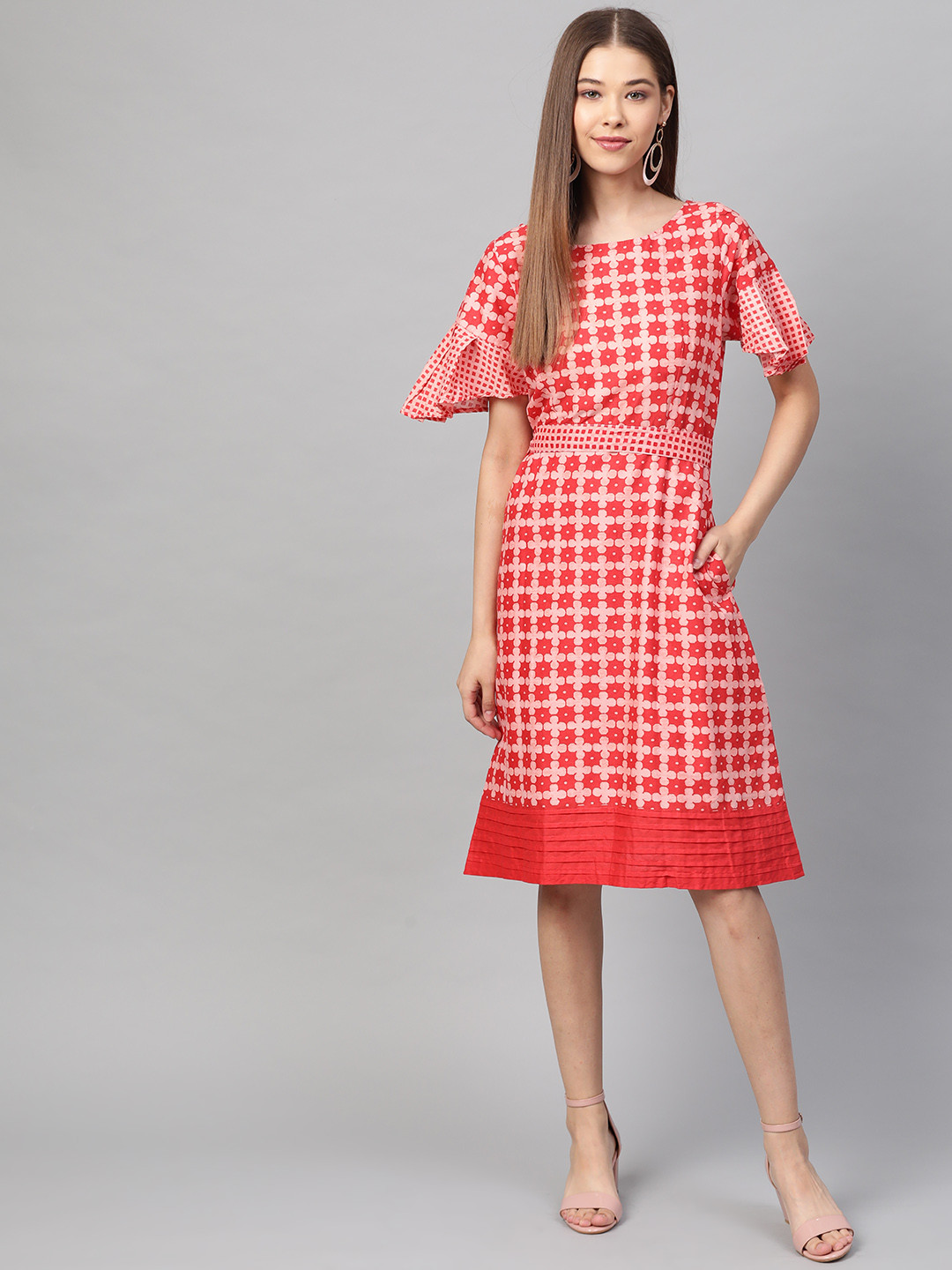 Laado - Pamper Yourself Women Coral Red & Off-White Printed A-Line Dress