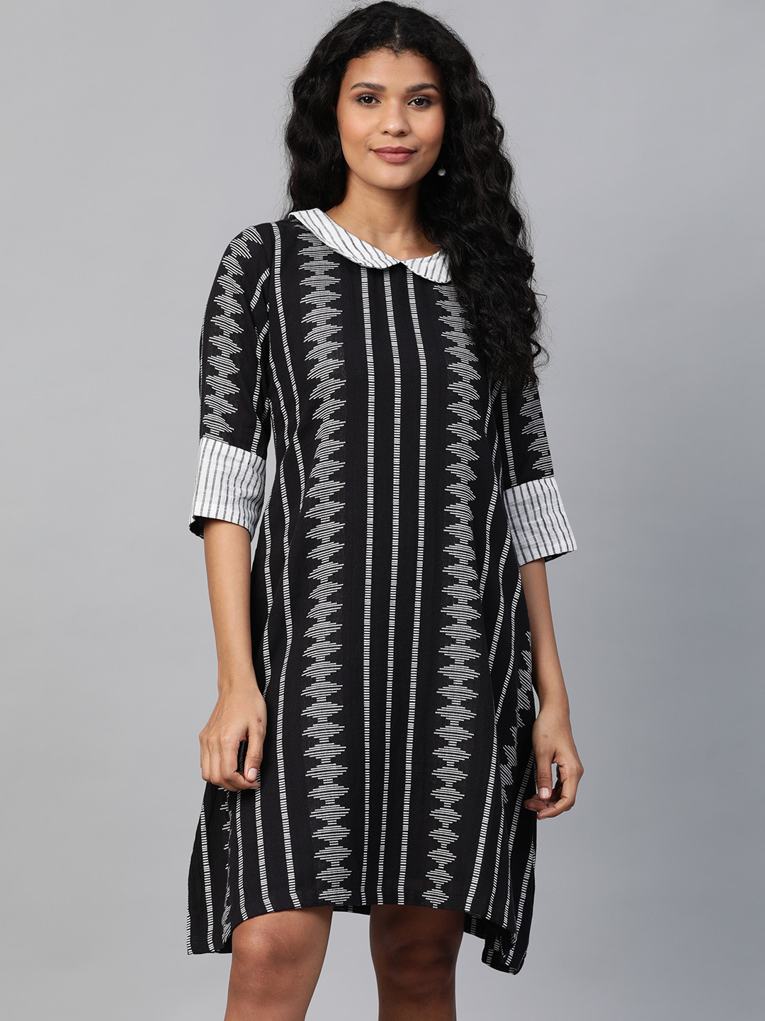 Laado - Pamper Yourself Women Black & White Ikkat Self-Striped Sustainable A-line Dress