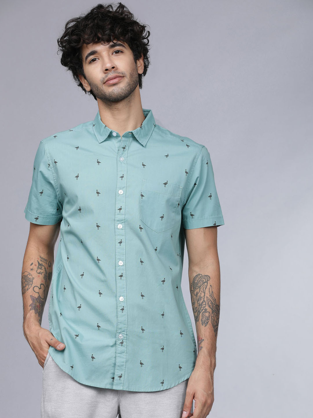 HIGHLANDER Men Green & Grey Slim Fit Printed Casual Shirt