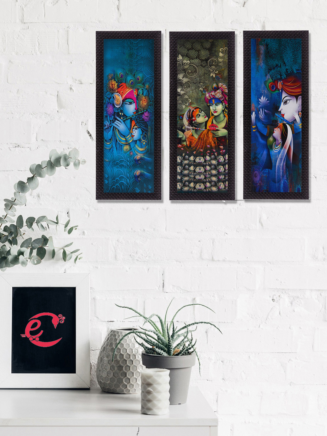 eCraftIndia Set Of 3 Blue & Green Lord Krishna & Radha Printed UV Wall Art