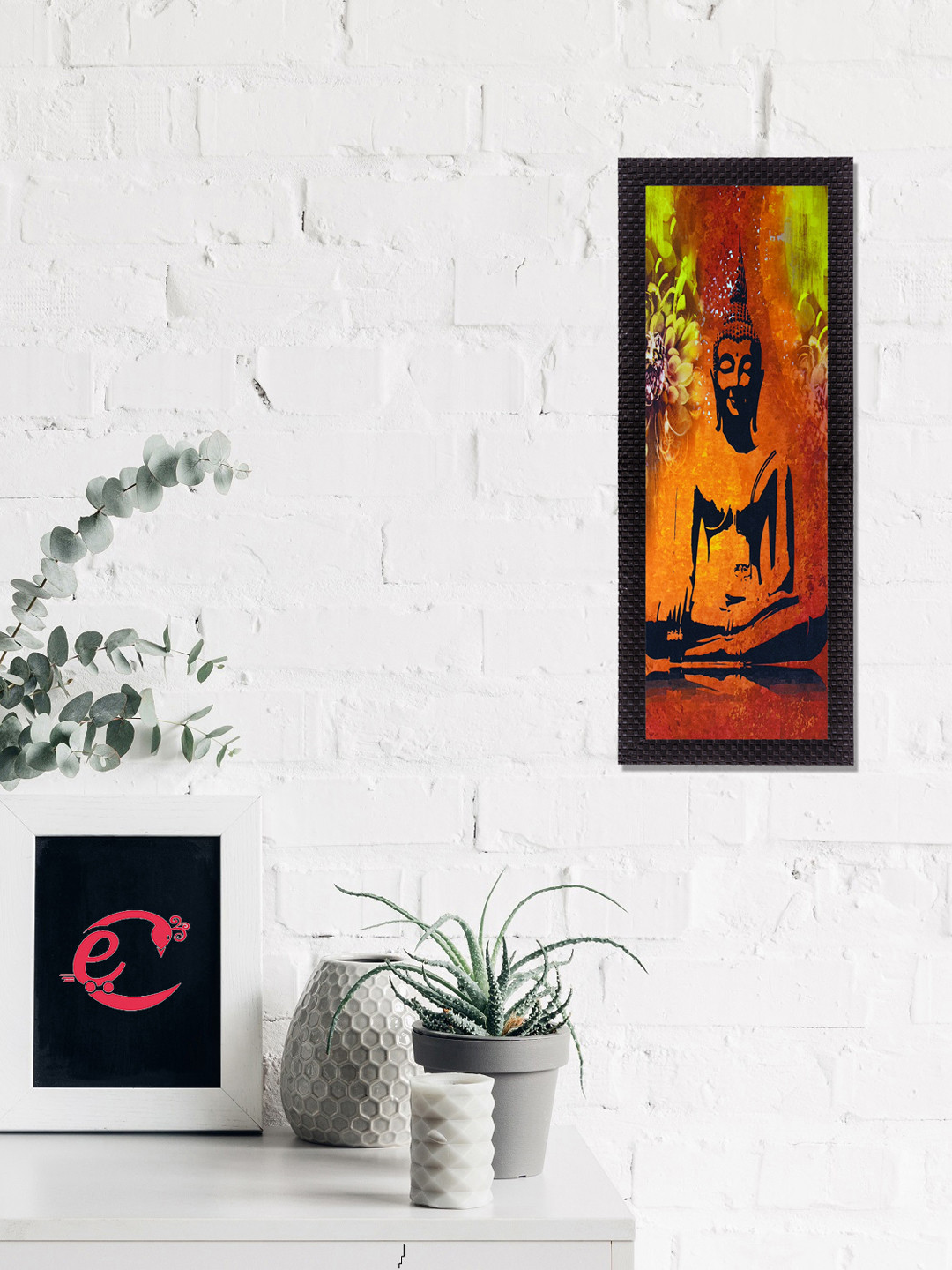 eCraftIndia Orange & Black Printed Almighty Lord Buddha Satin Matt Texture UV Wall Art