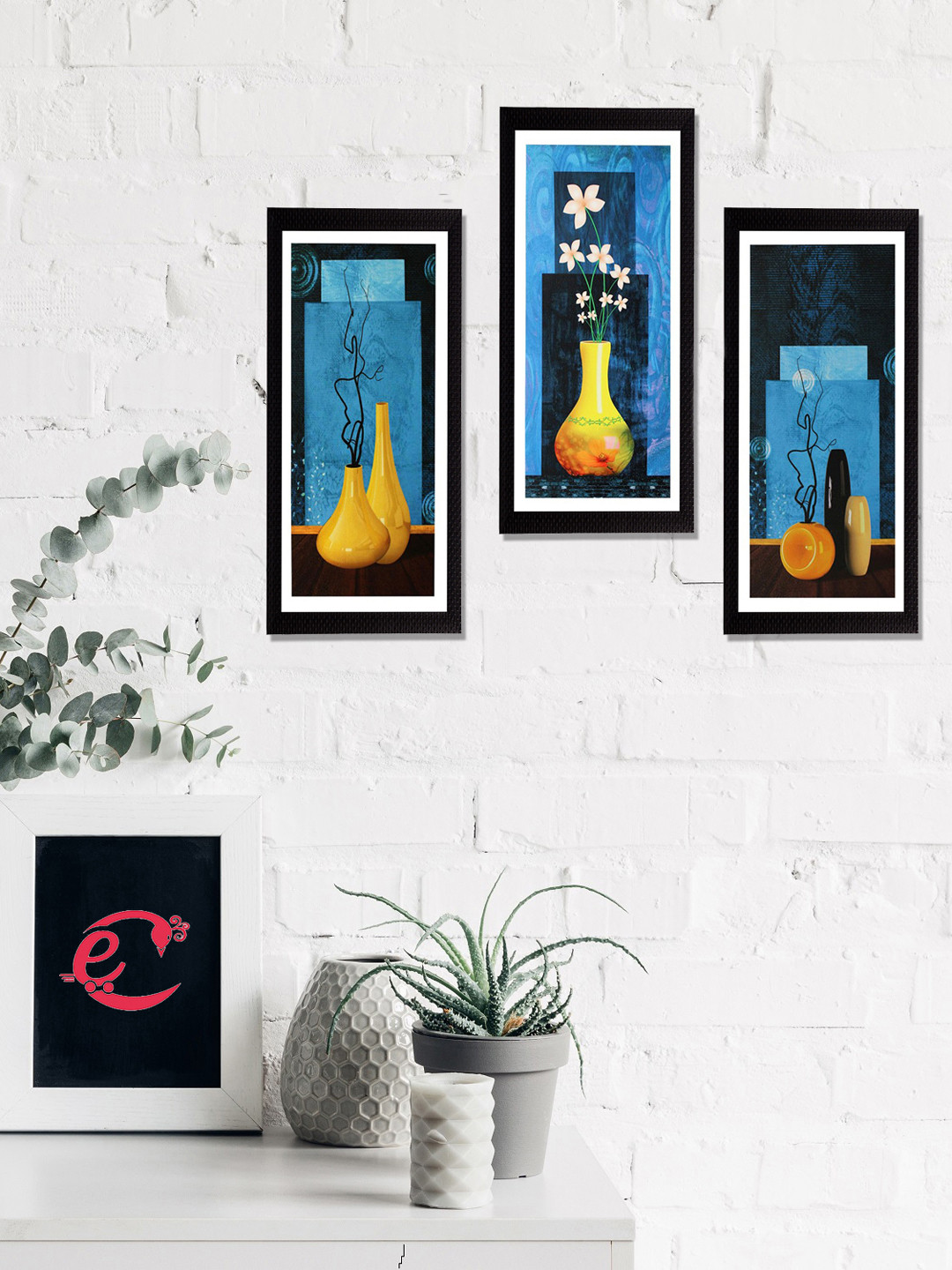 eCraftIndia Blue 3 Pcs Wall Home Office Rectangle Potrait Paintings Wall Art -20 x 13In