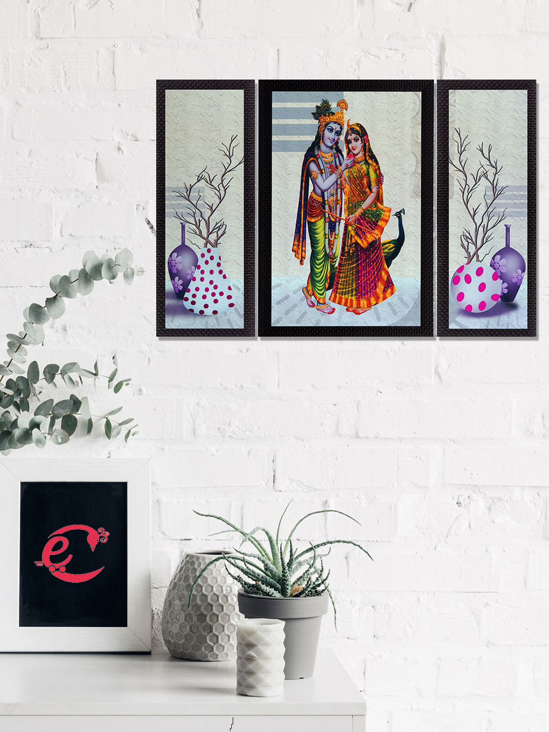 eCraftIndia Set Of 3 Red & Green Floral and Radha Krishna Satin Matt Texture UV Wall Art