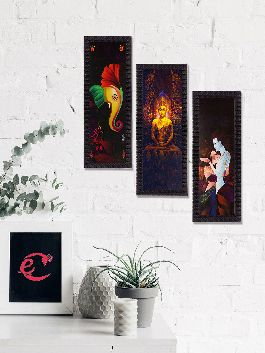 eCraftIndia Set Of 3 Black & Yellow Radha Krishna Ganesha Buddha Printed Satin Matt Texture UV Wall Art