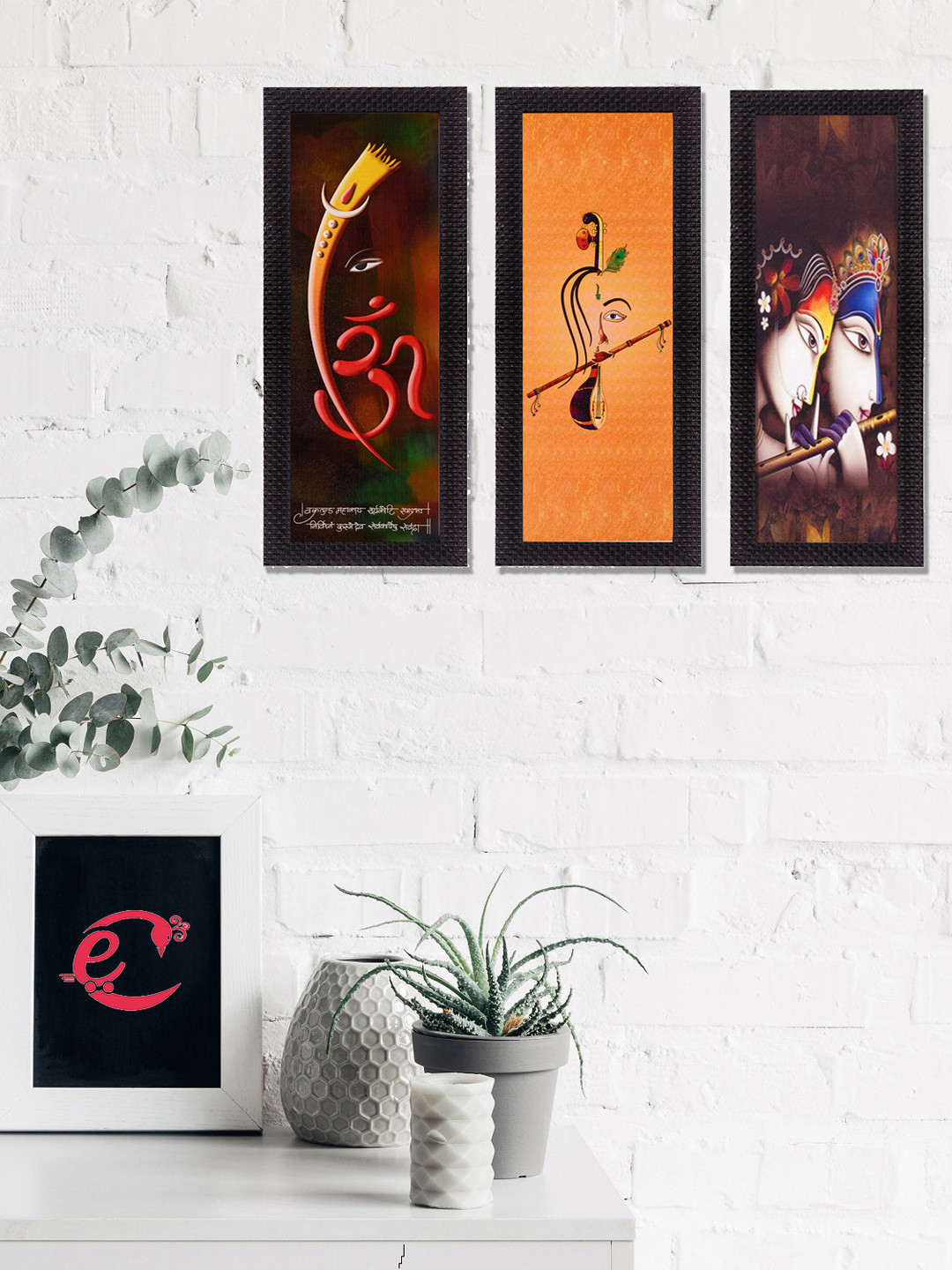 eCraftIndia Set Of 3 Orange & Brown Radha Krishna & Ganesha Satin Matt Texture UV Wall Art