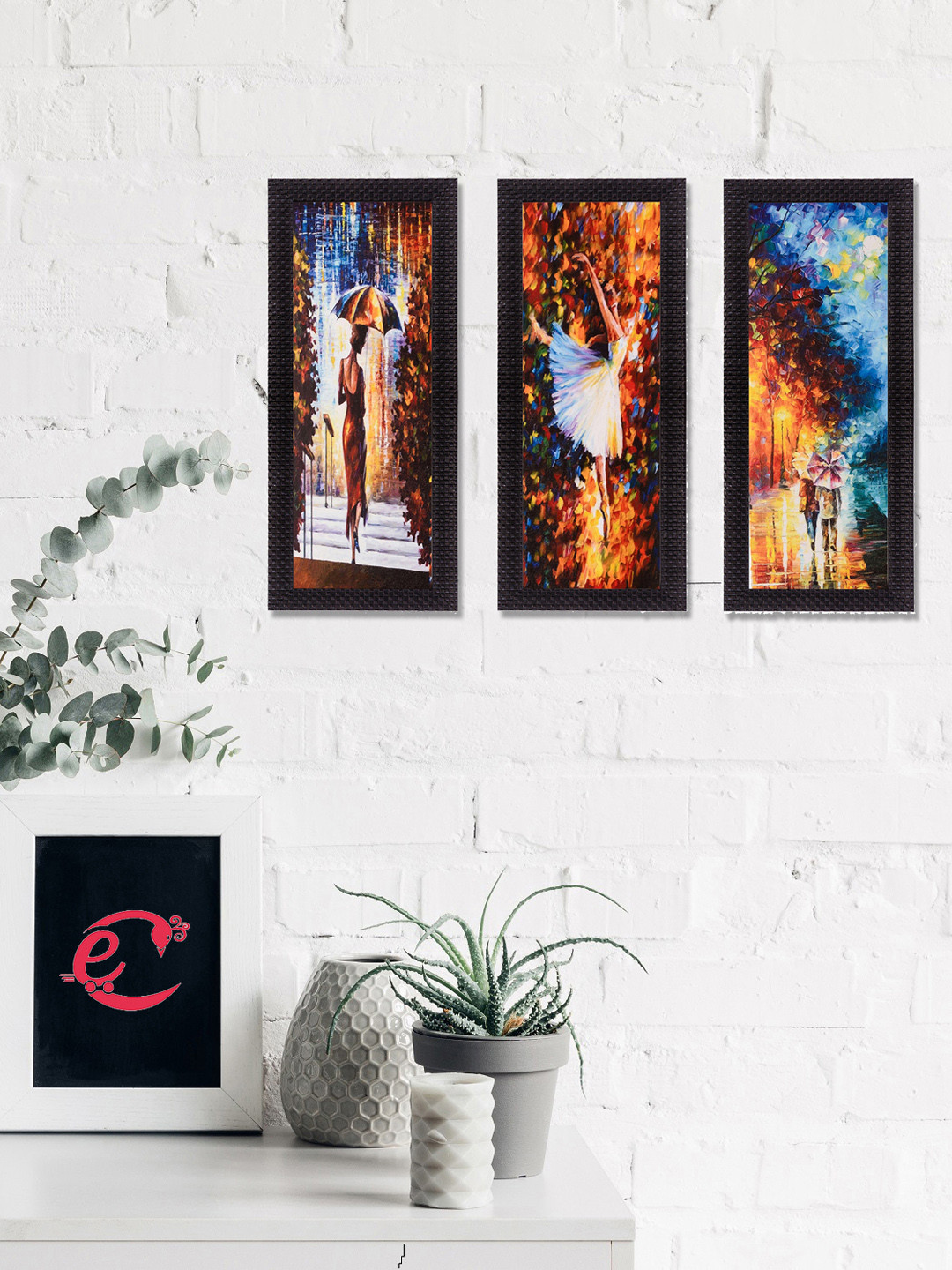 eCraftIndia Set Of 3 Orange & Blue Couple Love Moments Printed Satin Matt Texture UV Wall Art