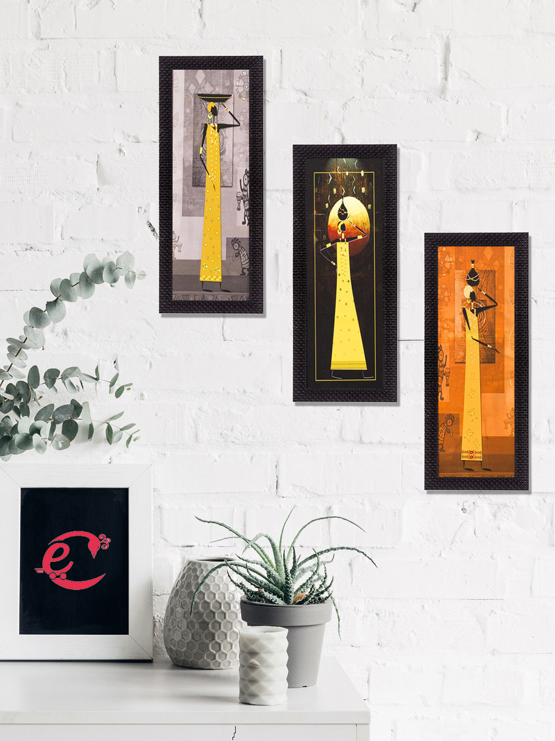 eCraftIndia Set Of 3 Yellow & Orange Tribal Ladies Satin Matt Texture UV Wall Art