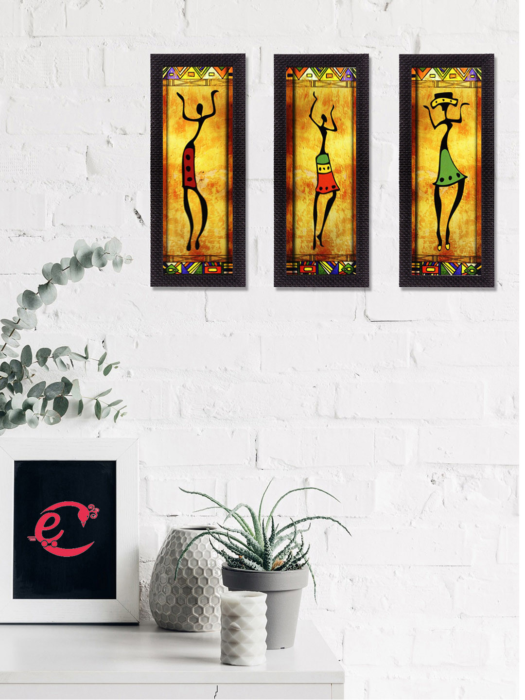 eCraftIndia Yellow 3 Pcs Wall Home Office Rectangle Paintings Wall Art -6.97 x 15In