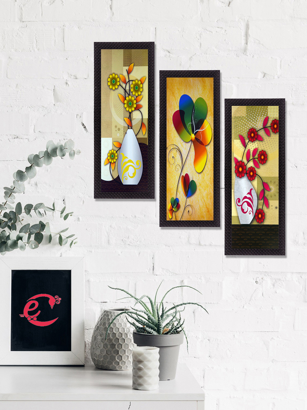 eCraftIndia Set Of 3 Beige & Pink Botanical Floral Pots Satin Matt Texture UV Wall Art