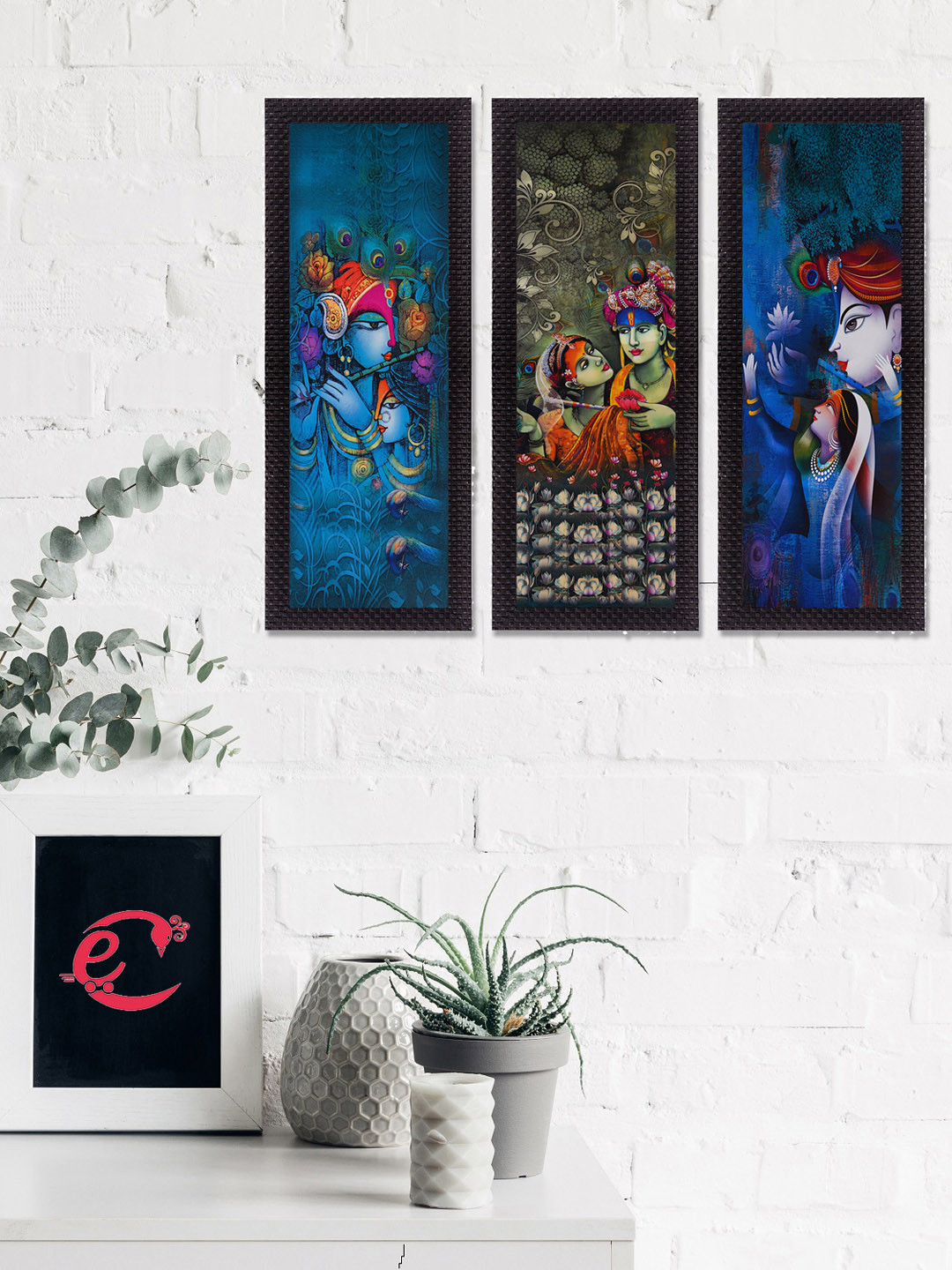 eCraftIndia Set Of 3 Blue & Green Radha Krishna Satin Matt Texture UV Wall Art